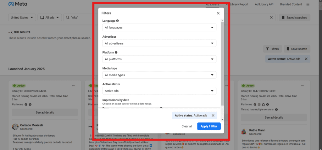 Facebook Ad Library Ad Filter Options