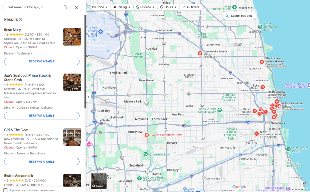 google map search restaurant