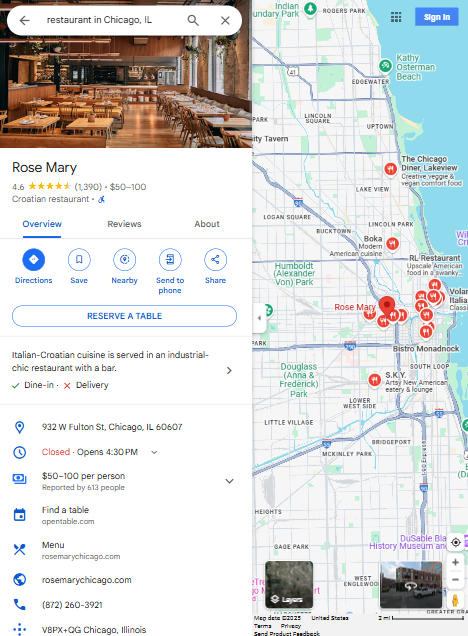 google serp restaurant listing details
