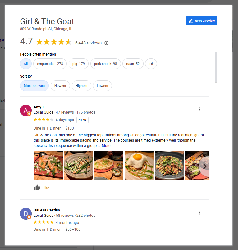 restaurant listing reviews